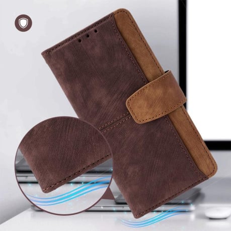 Чехол-книжка Color Stitching Skin Feel с защитой от сканирования RFID и магнитным хлястиком для OPPO Reno14 F 5G — коричневый