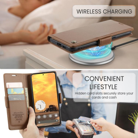 Чохол-книжка CaseMe 023 Butterfly Buckle Litchi Texture RFID Anti-theft Leather для Google Pixel 9a - коричневий
