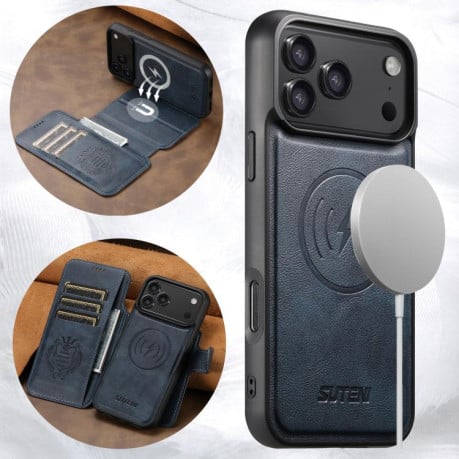 Чехол-книжка Suteni Q06 2-in-1 Multi-function с MagSafe и магнитным хлястиком для iPhone 17 Pro — синий
