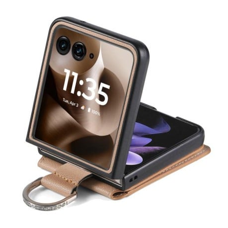 Противоударный чехол Litchi Texture Leather Ring Wallet  на Motorola Razr 60 Ultra - хаки