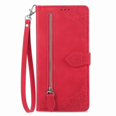 Чехол-книжка Embossed Flower Zipper Leather на Xiaomi 13T / 13T Pro - красный