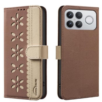 Чохол-книжка Splicing Color Hollow Flower Pattern RFID на Xiaomi Redmi K90 Pro Max/Poco F8 Ultra — коричневий