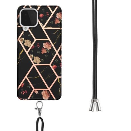Противоударный чехол Electroplating with Lanyard для Samsung Galaxy M32/A22 4G - Black Flower