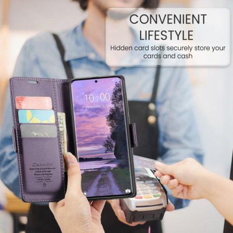 Чехол-книжка CaseMe 023 Butterfly Buckle Litchi Texture RFID Anti-theft Leather для Xiaomi Redmi Note 14 Pro 4G - фиолетовый