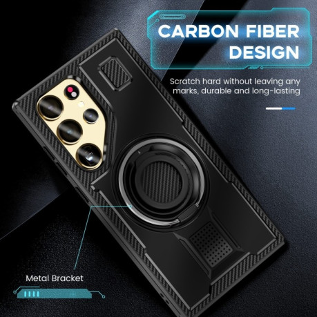 Противоударный чехол Ring Holder Carbon Fiber PC Hybrid TPU для Samsung Galaxy S25 Ultra 5G - черный