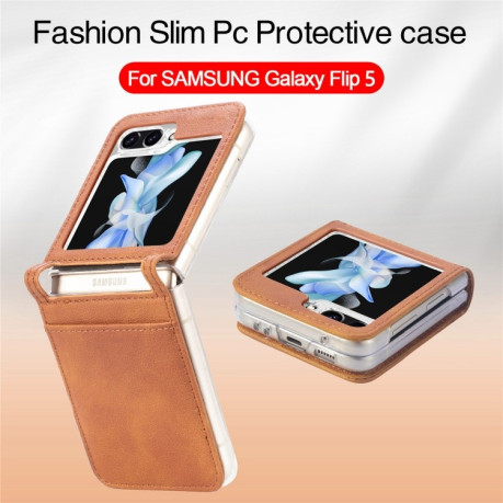 Противоударный чехол Litchi Texture Card для Samsung Galaxy Flip 5 - коричневый