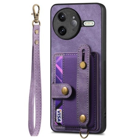 Противоударный чехол Retro Cross Wristband Wallet Leather для Xiaomi Poco F7 Ultra - фиолетовый