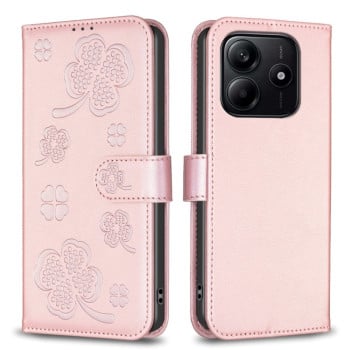 Чехол-книжка Four-leaf Clasp Embossed на Xiaomi Redmi Note 14 5G/Poco M7 Pro 5G - розовый
