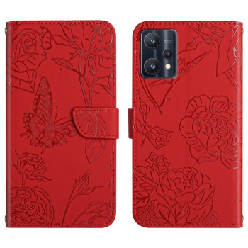 Чехол-книжка Butterfly Peony Embossed для Realme 9 Pro+/Realme 9 4G - красный