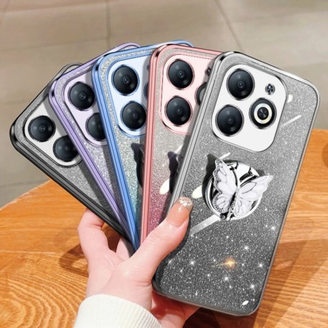 Противоударный чехол Plated Gradient Glitter Butterfly Holder для Infinix Smart 8 - серебристый