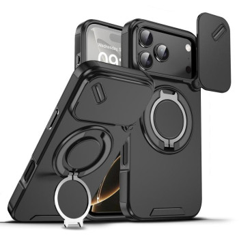 Противоударный чехол со шторкой камеры Sliding Camshield и кольцом-подставкой на iPhone 18 Pro Max — чёрный