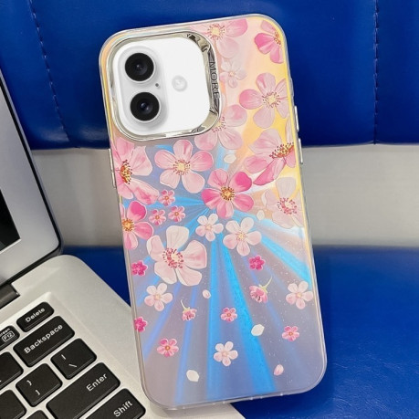 Чехол Electroplating Laser Flower Texture для iPhone 16 Plus - Pink Flower