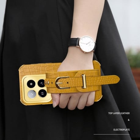 Противоударный чехол Electroplated Wrist Strap Crocodile Leather на  Xiaomi 14 Pro - зеленый