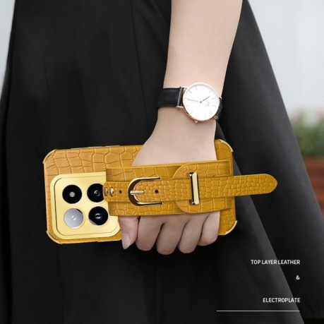 Протиударний чохол Electroplated Wrist Strap Crocodile Leather на  Xiaomi 14 Pro - жовтий
