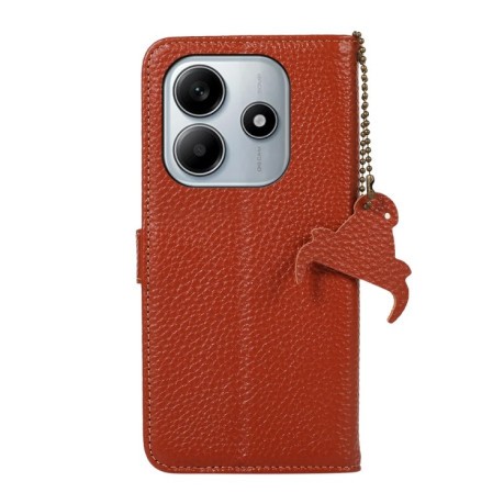 Шкіряний чохол-книжка KHAZNEH Genuine Leather RFID для Xiaomi Redmi Note 14 4G - кавовий