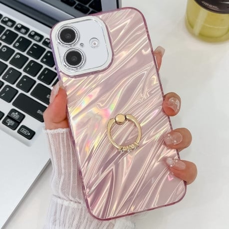 Чохол протиударний Plating Glitter Texture Ring Holder для iPhone 16 - Pink Water Ripples