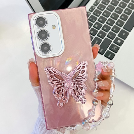 Протиударний чохол Plating Glitter Lens Film Texture Butterfly Holder Wristband для Samsung Galaxy S25+ 5G - Pink Feather Yarn