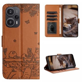 Чохол-книжка Cat Embossing Pattern на Xiaomi Poco F5 - коричневий