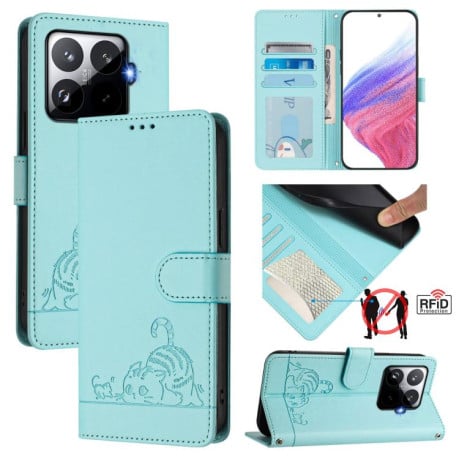Чехол-книжка Cat Embossing Pattern на Xiaomi 15T Pro 5G - зеленый
