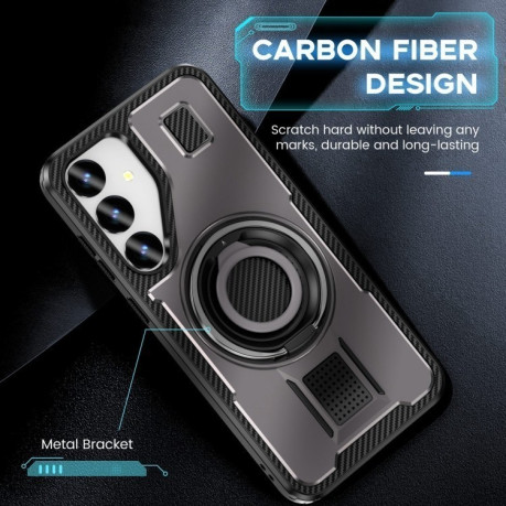 Противоударный чехол Ring Holder Carbon Fiber PC Hybrid TPU для Samsung Galaxy S24 FE 5G - серый