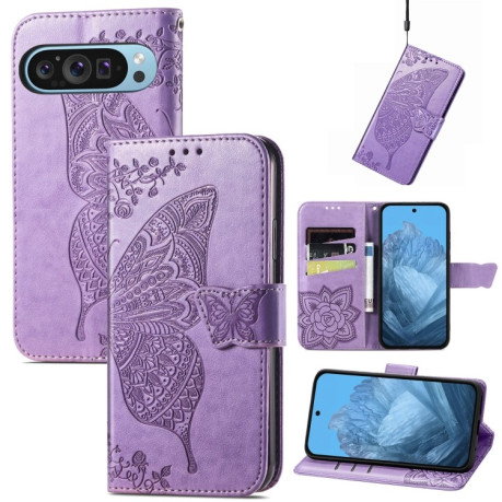 Чохол-книжка Butterfly Love Flower Embossed для Google Pixel 9 - фіолетовий