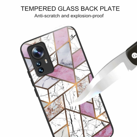 Противоударный стеклянный чехол Marble Pattern Glass на Xiaomi 12 Pro - Rhombus White Purple