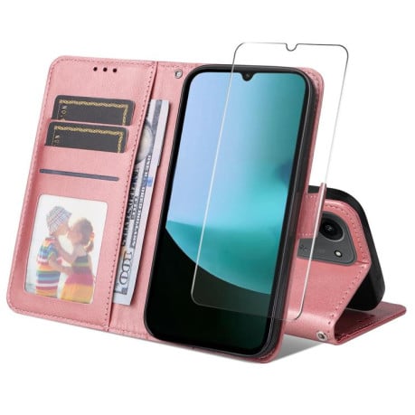 Чохол-книжка ENKAY-гаманець з фактурою calf + скло на Xiaomi Redmi 15C 5G / 4G EU 173.1mm - рожевий