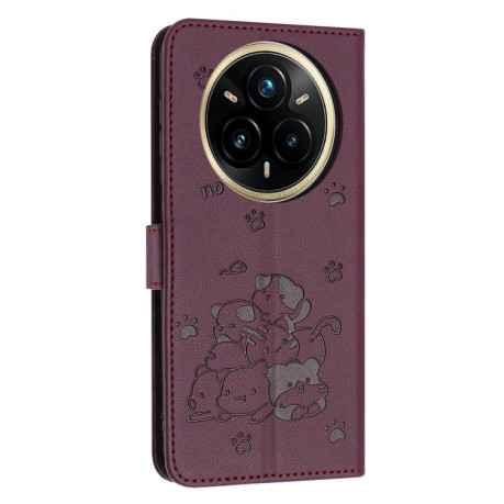 Чохол-книжка Embossed Kitten Phone Leather для Realme 14 Pro+ - винно-червоний