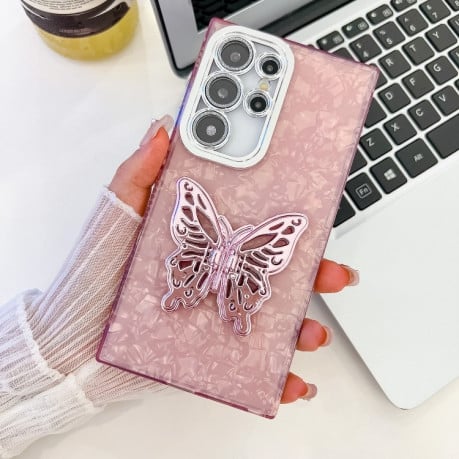 Протиударний чохол Plating Glitter Texture Butterfly для Samsung Galaxy S25 Ultra 5G - Pink Shell Pattern