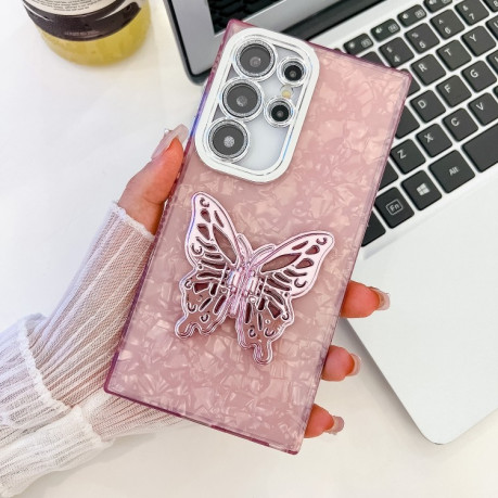 Противоударный чехол Plating Glitter Texture Butterfly Holder TPU для Samsung Galaxy S24 FE 5G - Pink Shell Pattern