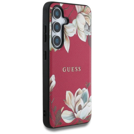 Оригинальный чехол Guess Grained Printed Flower Pattern MagSafe для Samsung Galaxy S25 - fuchsia