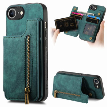 Противоударный чехол Retro Painted Zipper Wallet для iPhone 16e - зеленый
