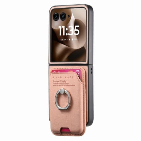 Противоударный чехол Twill Fabric Card Bag Ring Magnetic для Motorola Moto Razr 60 Ultra 5G - рожевий