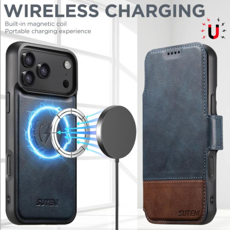 Чехол-книжка Suteni Q06 2-in-1 Multi-function с MagSafe и магнитным хлястиком на iPhone 17 Pro Max - синий