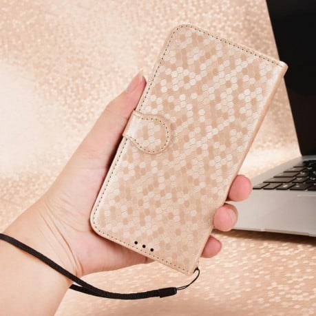 Чохол-книжка з фактурою Honeycomb Dot і магнітним хлястиком на OPPO Reno15 F 5G — золотий
