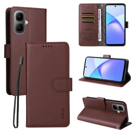 Чохол-книжка ENKAY RFID Blocking Wallet Kickstand з фактурою Litchi та магнітним хлястиком на Infinix Smart 10 4G - коричневий