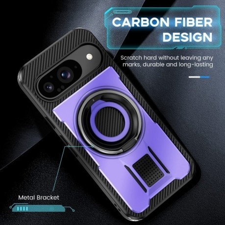Противоударный чехол Ring Holder Carbon Fiber PC Hybrid TPU для Google Pixel 9 / 9 Pro - фиолетовый