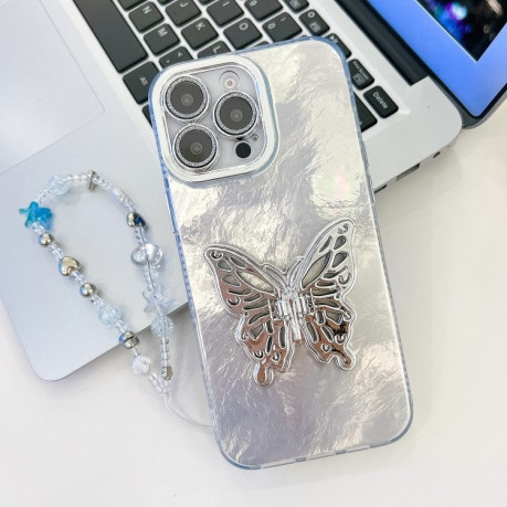 Противоударный чехол Plating Glitter Lens Film Texture Butterfly Holder Wristband для iPhone 16 Pro Max - White Tinfoil Texture