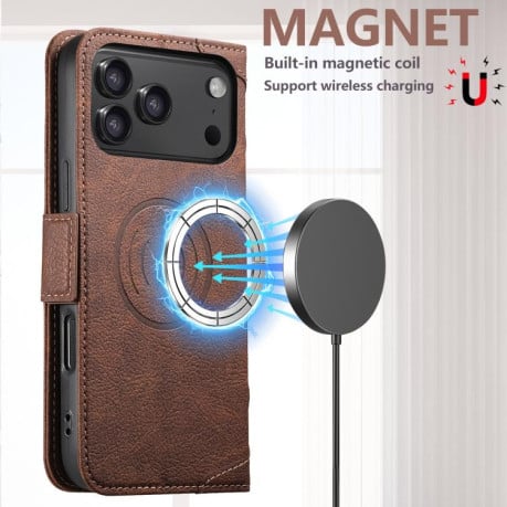 Чехол-книжка SUTENI J07 Multifunctional с Magsafe и магнитным хлястиком на iPhone 17 Pro Max - коричневый