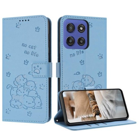 Чехол-книжка Embossed Kitten Phone Leather для Motorola Edge 60 Fusion - синий