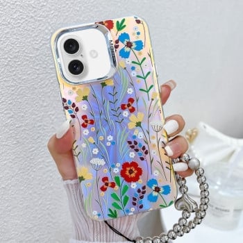 Чехол Electroplating Laser Flower Phone Case with Wrist Strap на iPhone 16 - Flower