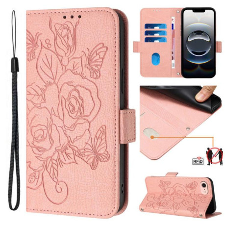 Чехол-книжка Embossed Rose RFID Anti-theft Leather для iPhone 16e - розовый