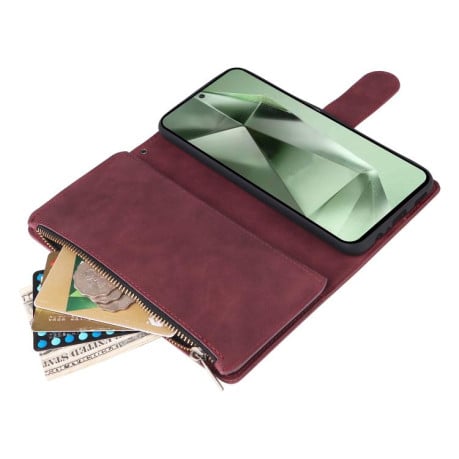 Чехол-книжка Multifunctional Frosted Zipper Wallet с матовой фактурой и ремешком на Samsung Galaxy S25 FE 5G - винно-красный