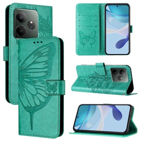 Чехол-книжка Embossed Butterfly для Realme GT 6T 5G Global - зеленый