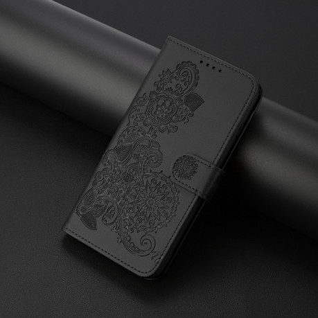 Чехол-книжка Embossed Flower Zipper Leather на Redmi Note 14 5G/Poco M7 Pro 5G - черный