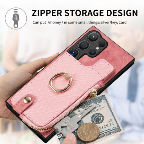 Чохол Cross Leather Ring Vertical Zipper Wallet на Samsung Galaxy S24 Ultra 5G - рожевий
