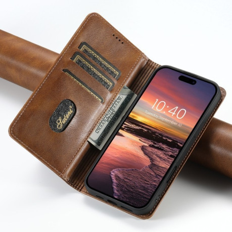 Противоударный чехол Suteni H02 Leather Wallet Stand для iPhone 16 Plus - коричневый