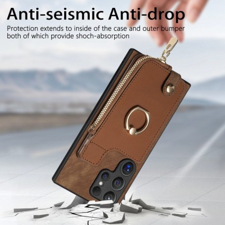 Чехол Cross Leather Ring Vertical Zipper Wallet для Samsung Galaxy S24 Ultra 5G - коричневый