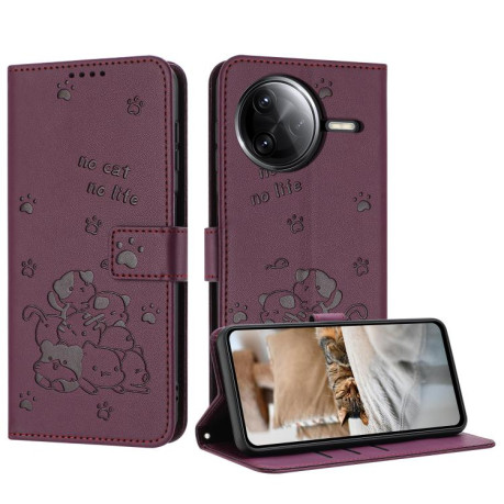 Чехол-книжка Embossed Kitten Phone Leather для Xiaomi Poco F7 Pro / F7 Ultra - винно-красный