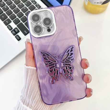 Противоударный чехол Plating Glitter Texture Butterfly для iPhone 16 Pro - Purple Feather Yarn